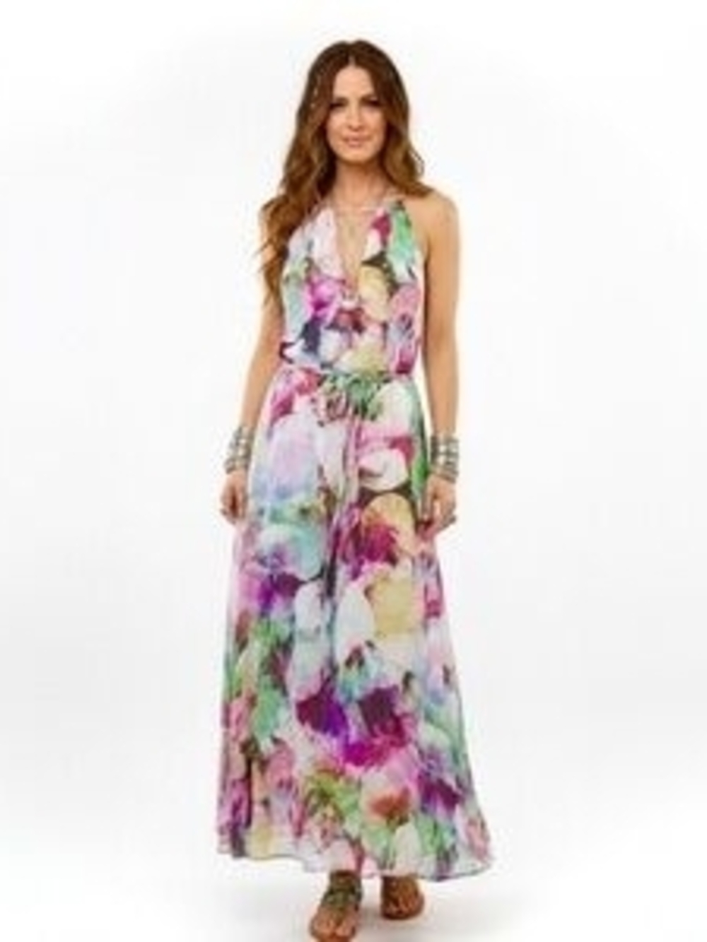 Maggy London Watercolor Floral Halter Maxi Dress in Pink, Purple, Green